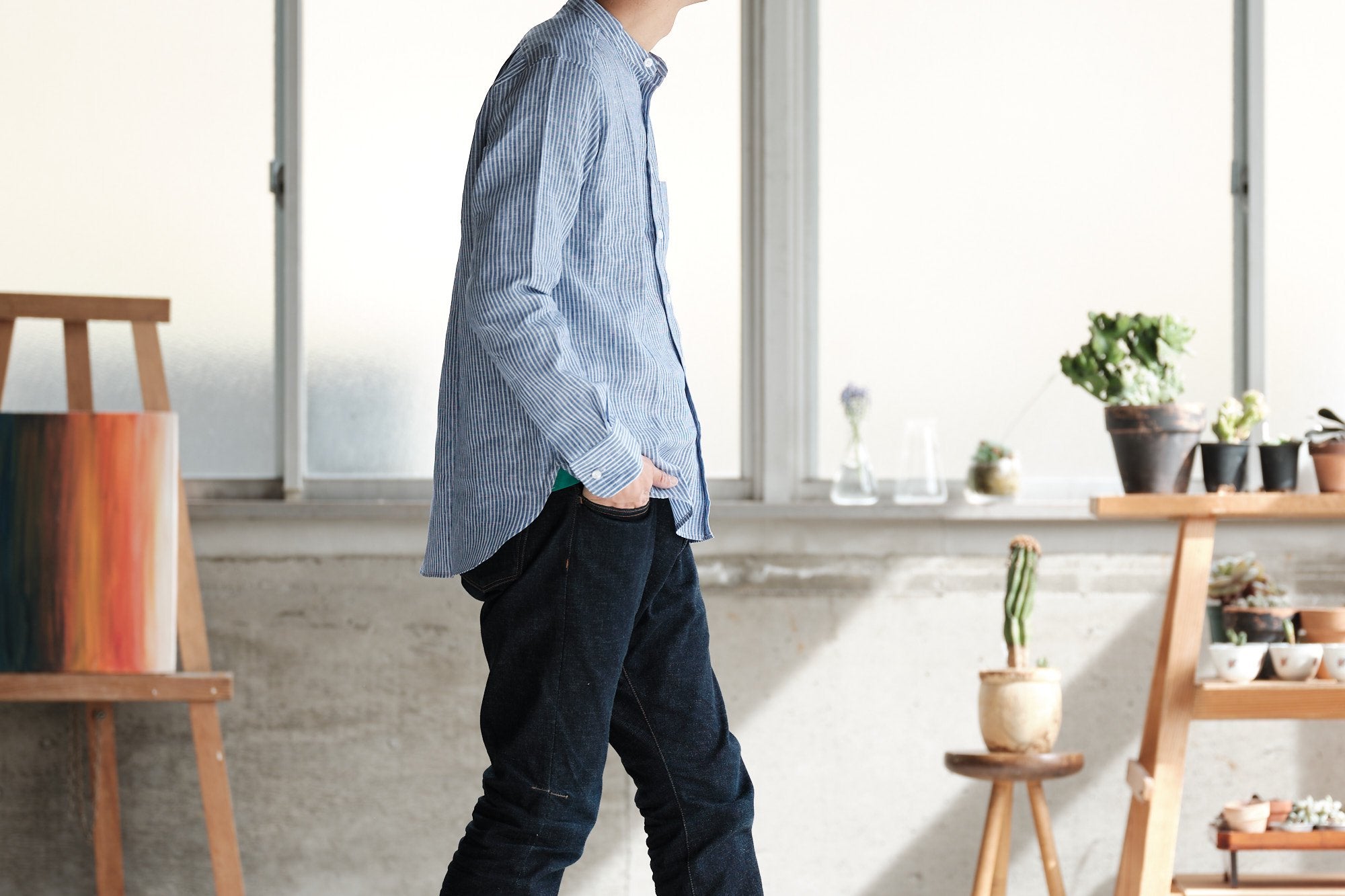 James Mortimer/バンドカラーシャツ/THOMAS MASON/Gold Linen