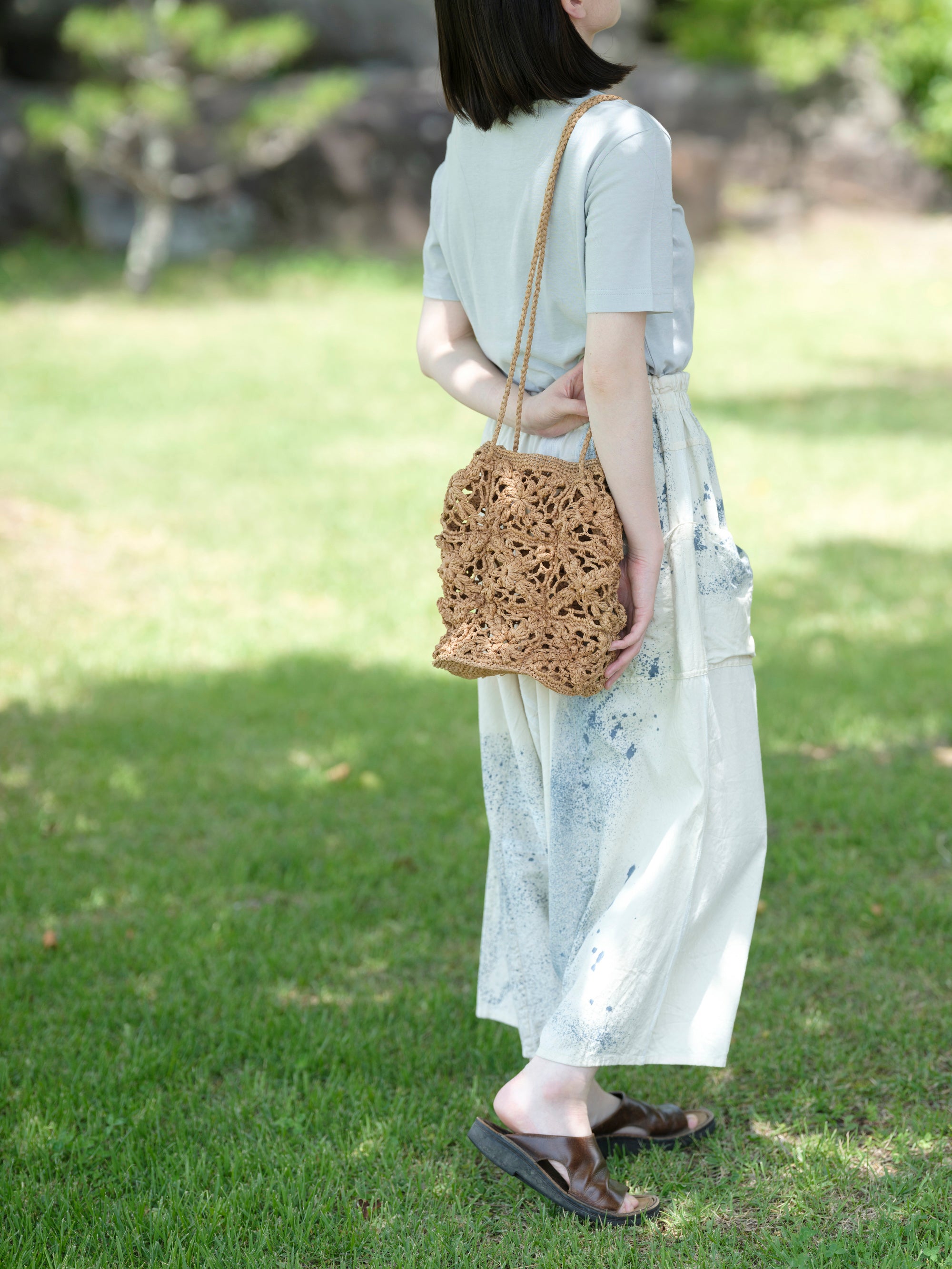 松野屋/ラフィアモチーフ編みバッグ/長ハンドル