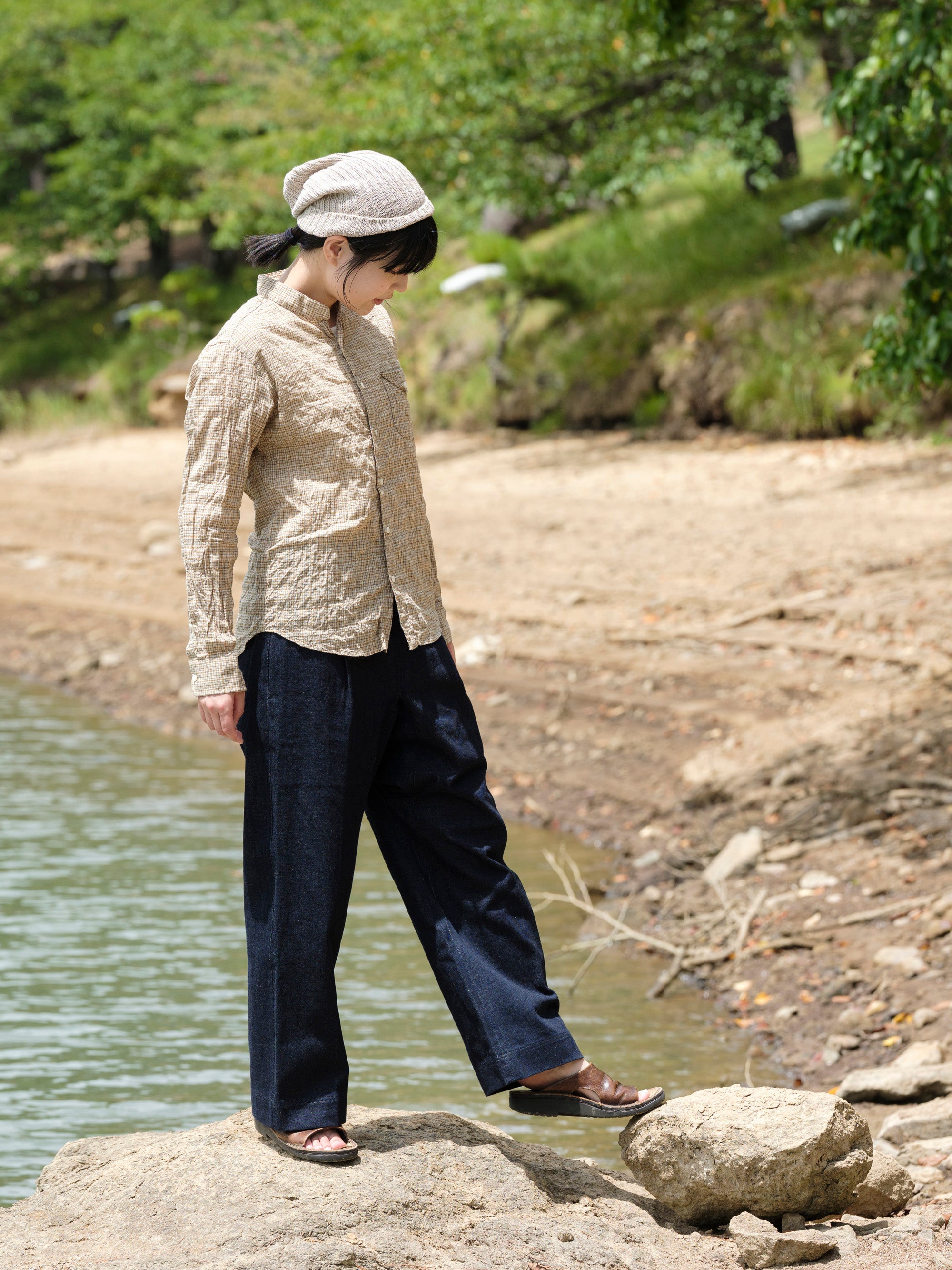 classico/h.b スタンドカラーシャツ/sharring check/natural nuts