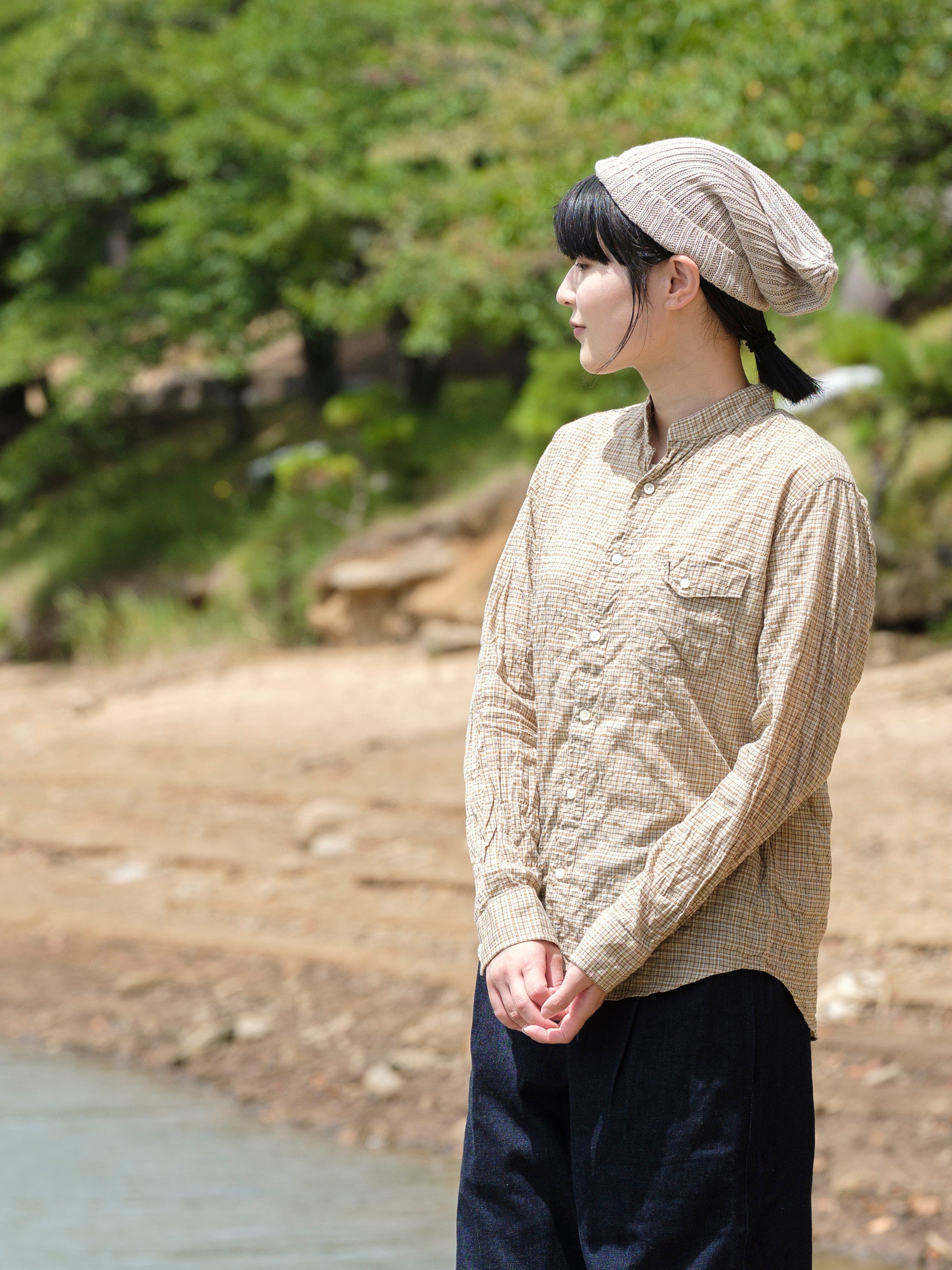 classico/h.b スタンドカラーシャツ/sharring check/natural nuts