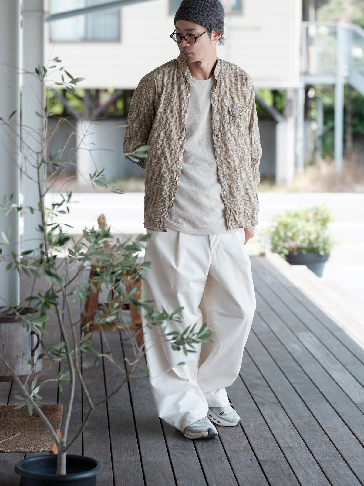 classico/h.b スタンドカラーシャツ/sharring check/natural nuts